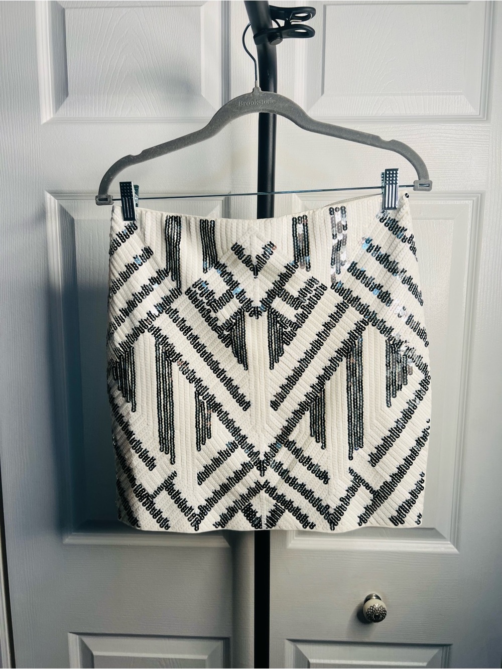 Express White and Black Sequin Mini Skirt Geometric Design